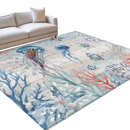 Ocean Jellyfish Area Rugs 5x8ft Shell Coral Floor Rug Non Slip Low Pile Ultra Soft Throw Carpet for Entryway Indoor Entrance Kitchen Bathroom