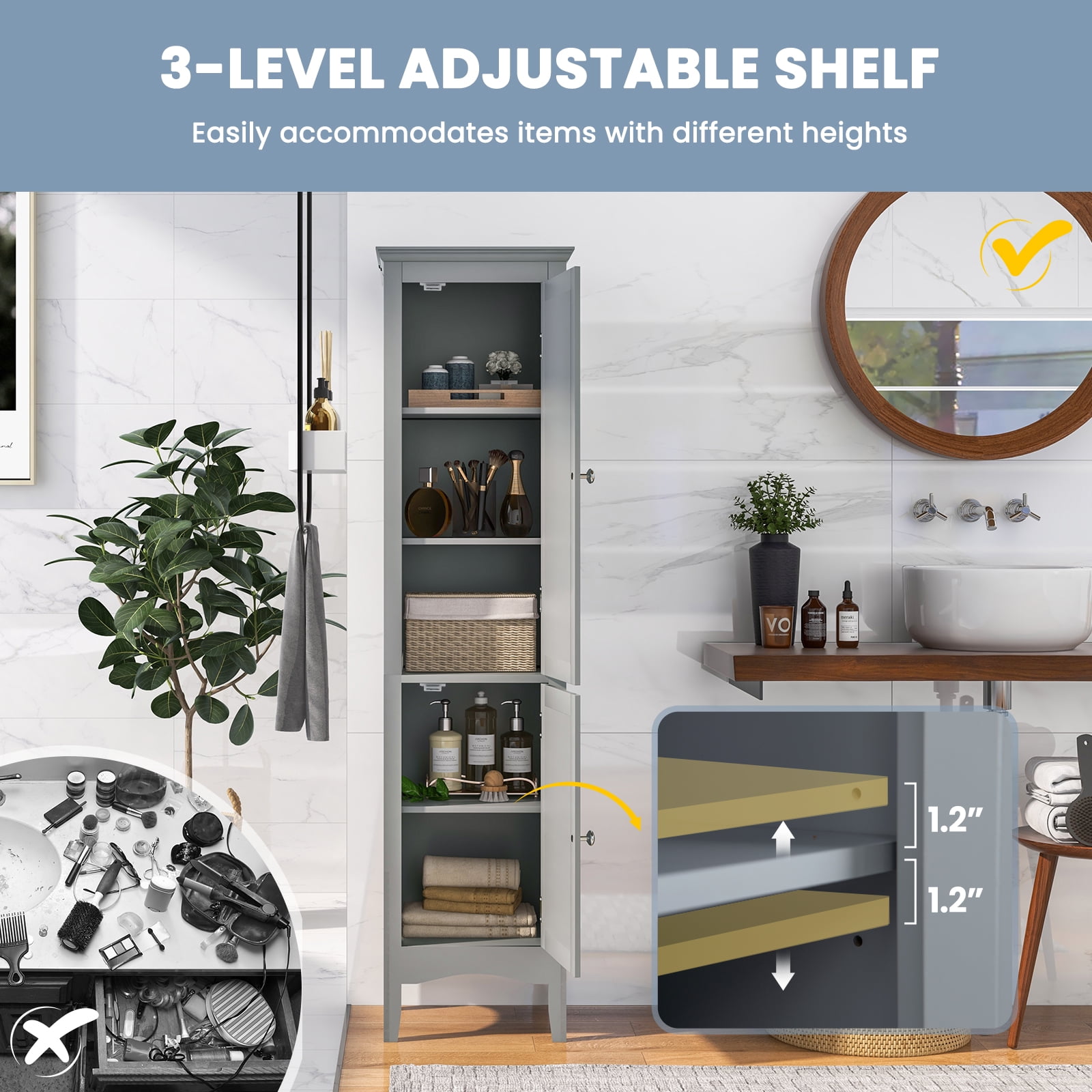 Topbuy Freestanding Bathroom Storage Cabinet Tall Narrow Storage Cabinet with 1 Adjustable Shelf 1 Drawer and 2 Doors Gray