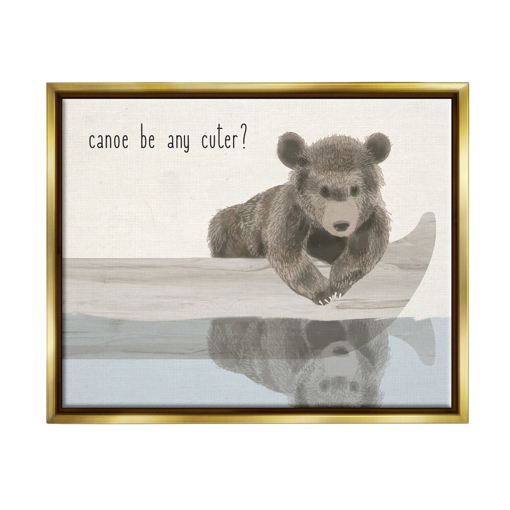 Stupell Industries Canoe Be Any Cuter Grey Blue and Off White Soft Nursery Neutral Baby Bear Metallic Gold Framed Floating Canvas Wall Art, 24x30, by Daphne Polselli