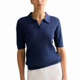 thumbnail image 2 of Women Hollow Knitted -Shirt Casual Short Sleeve Loose Lapel Solid Color Top Blue L, 2 of 7