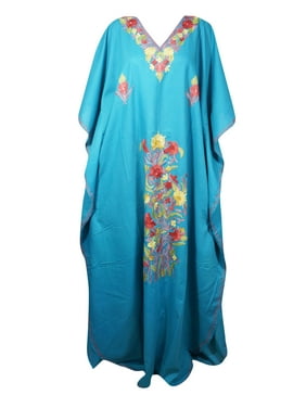 Mogul Women Sky Blue Kaftan Maxi Dress Boho Loose Floral Embroidery Kimono Sleeves Resort Wear Cover Up Housedress 4XL