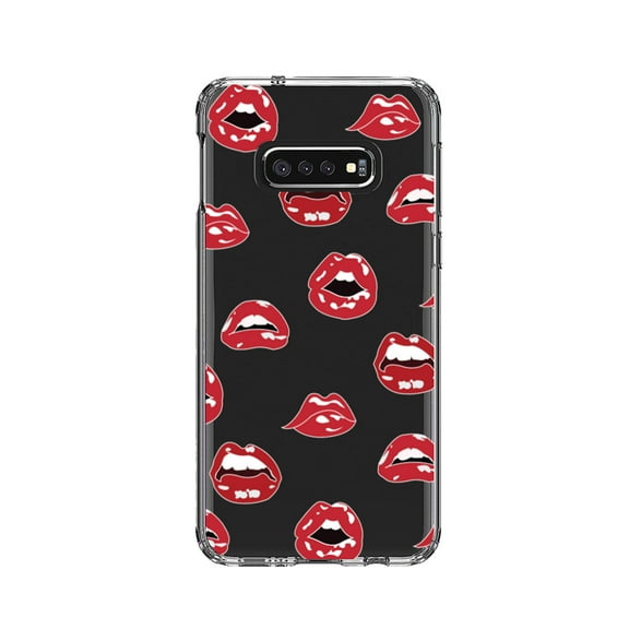 DistinctInk Clear Shockproof Hybrid Case for Samsung Galaxy S10e (5.8" Screen) - TPU Bumper, Acrylic Back, Tempered Glass Screen Protector - Red Lips
