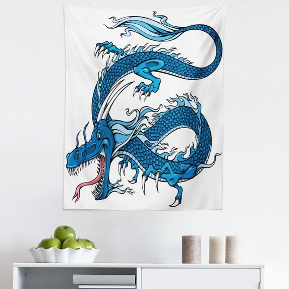Fantasy Tapestry, Dragon Mythical Creature Japanese Culture Folk Print, Fabric Wall Hanging Decor for Bedroom Living Room Dorm, 5 Sizes, Pale Blue Dark Blue, by Ambesonne