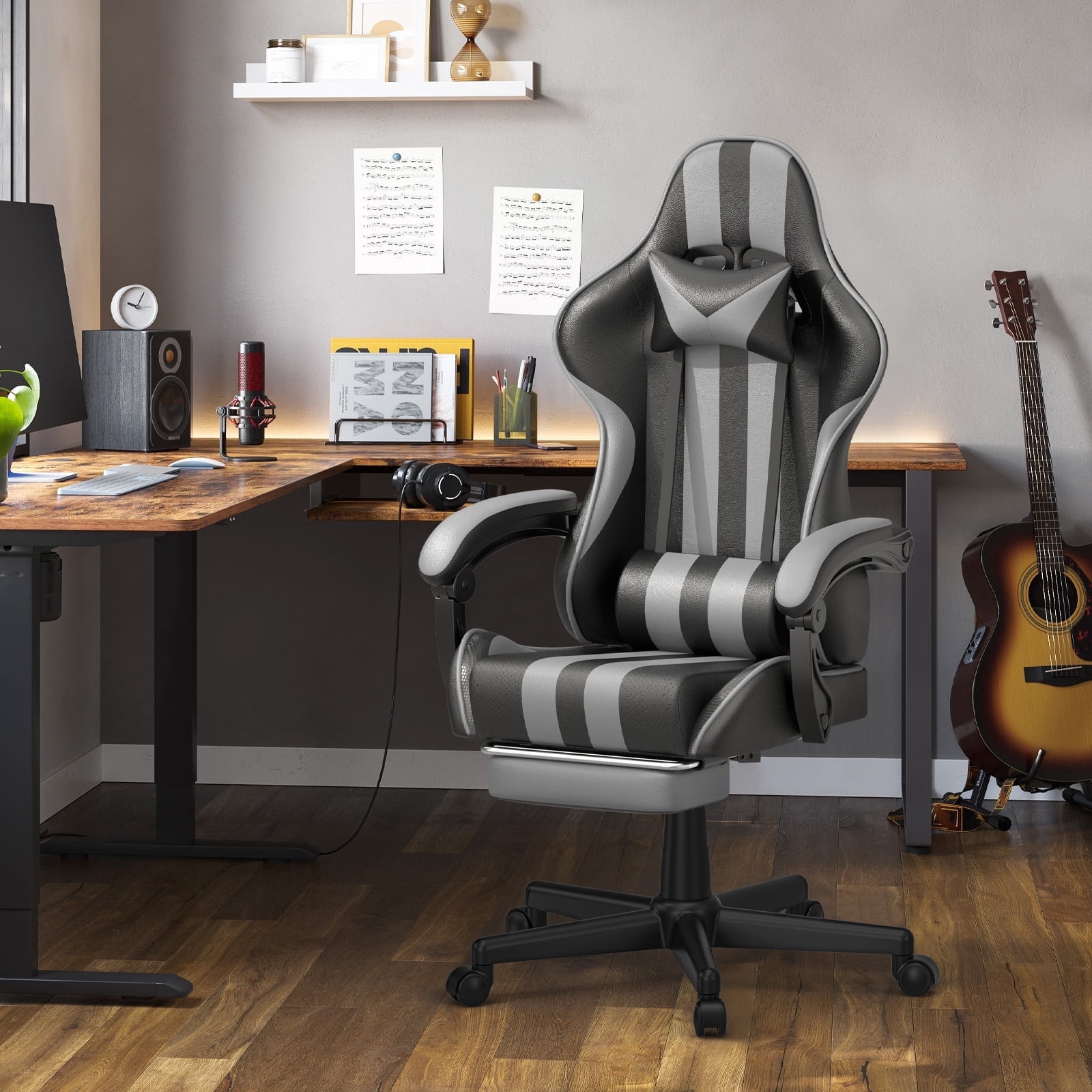 SOONTRANS Gaming Chair with footrest, Adult Gamer Game Chair with  Massage Lumbar Pillow, High Back Leather Office Chairs, Video Computer Chair, Grey