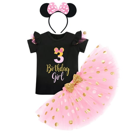 

IBTOM CASTLE Toddler Girls 1st 2nd 3rd Birthday Outfit Princess Polka Dots Ruffle Tutu Skirt Mouse Headband Cake Smash Party Clothes Set 3 Years Black + Pink