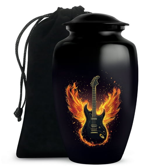 Yatskia Flaming Angel Wings Guitar Black Urns for Adult Ashes Brother and Sister, Decorative Cremation Urn for Human Ashes, (Classic Large, 10 Inch)