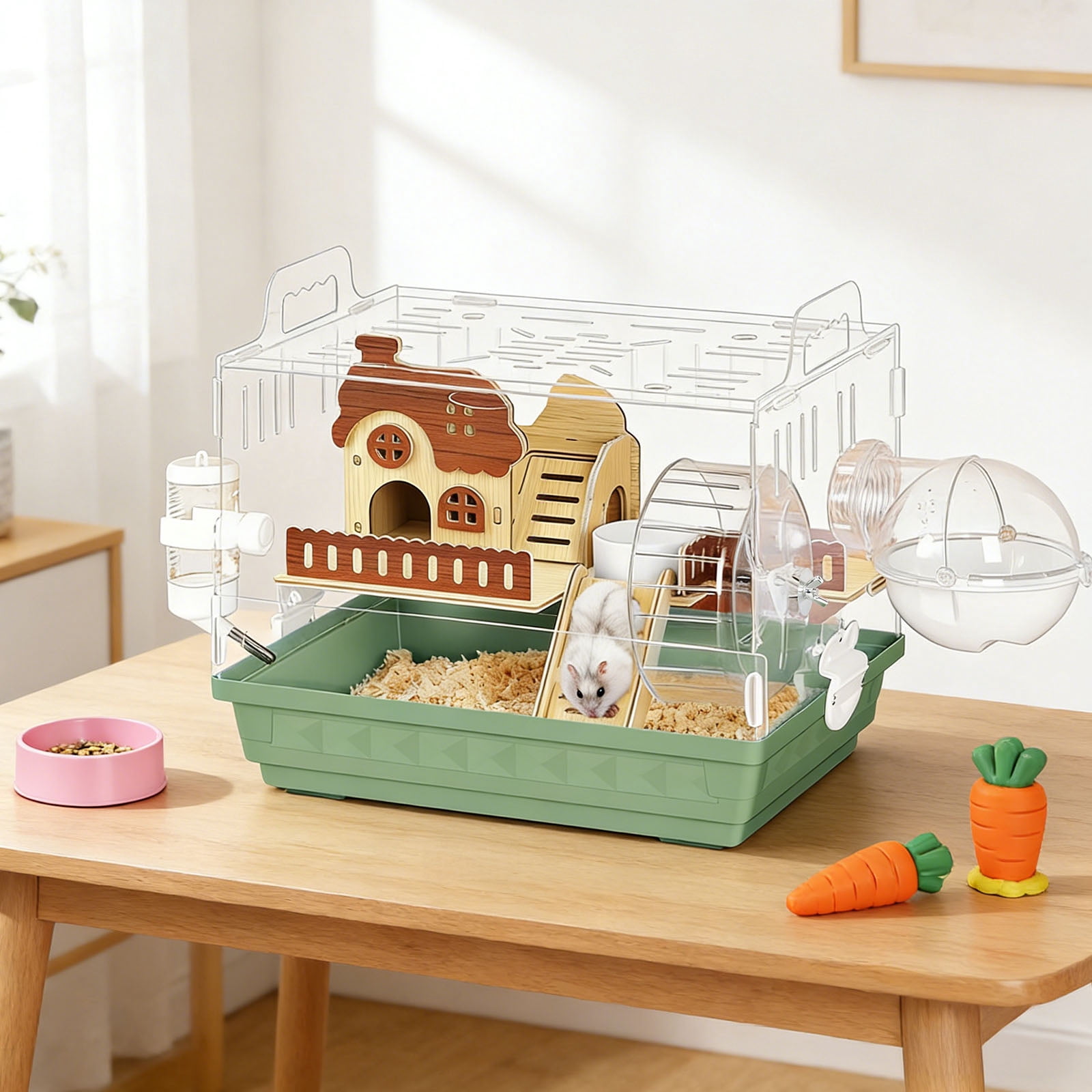 Acrylic Hamster Cage Starter Kit, Small Animal Habitat with Wheel, Water Bottle, Food Bowl, Small Hamster Habitat 360 Viewing, Hideout & Staircase,  for Dwarf, Guinea Pig, Gerbils