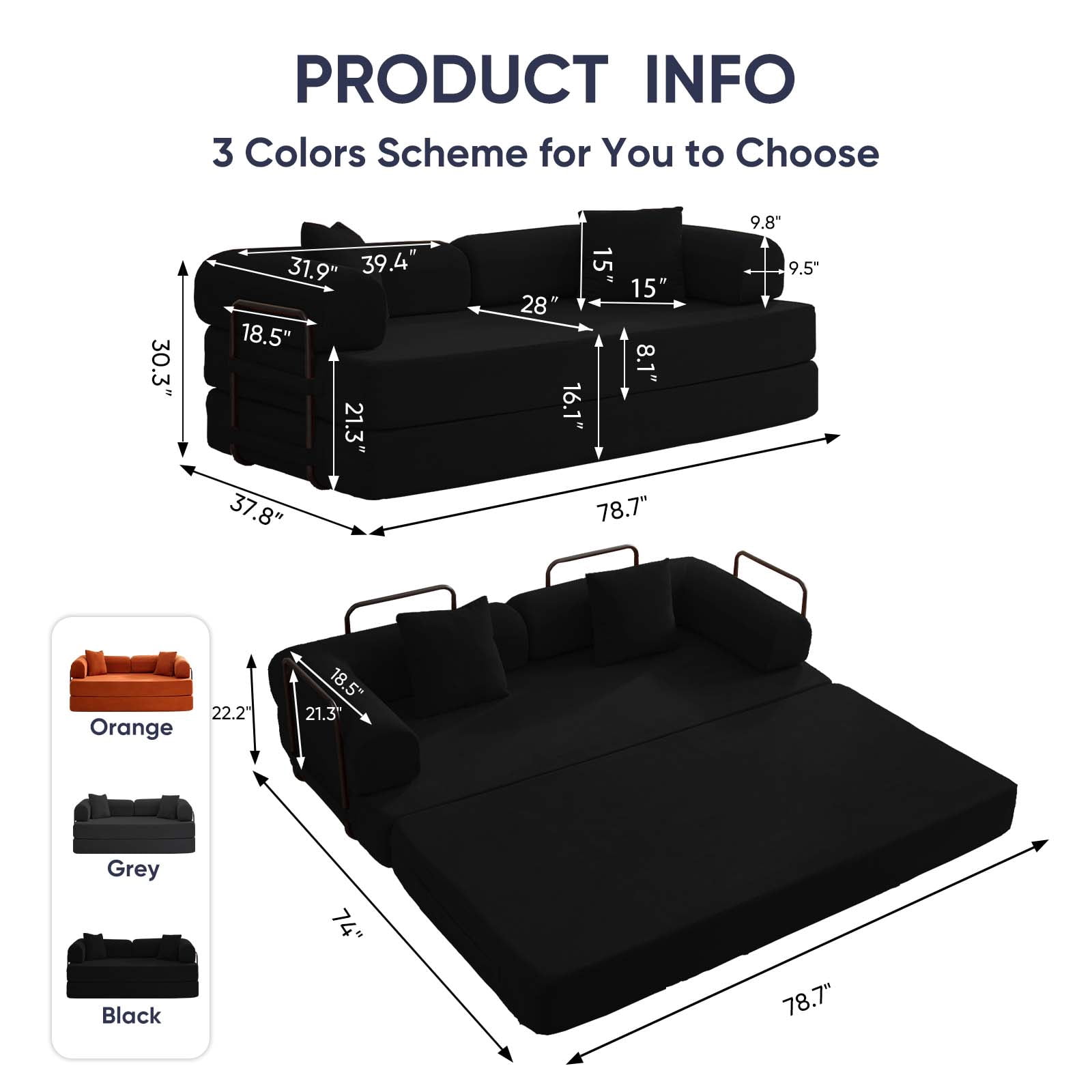 ZAFLY Folding Sofa Bed | Convertible Futon Sleeper Couch | Modern Floor Mattress | Corduroy Sofas and Couches for Living Room - Black