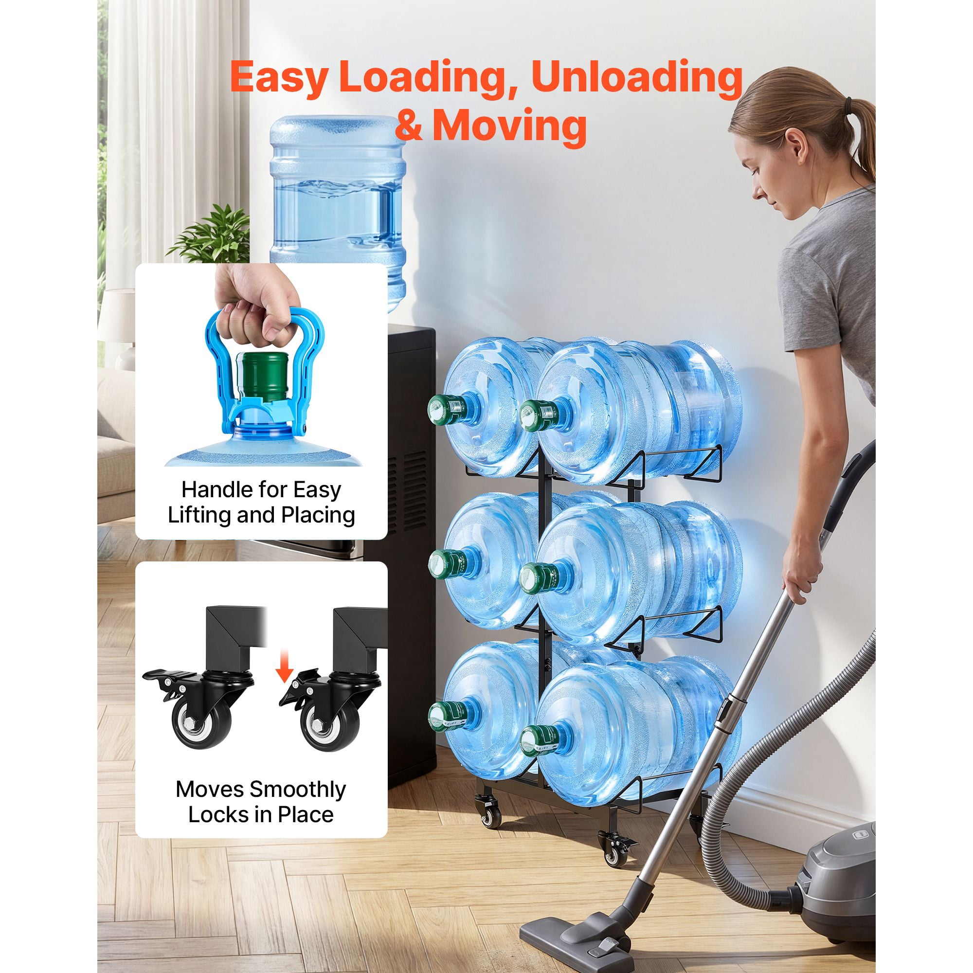 Water Jug Holder, 3 Tiers Double Rows 3 and 5 Gallon Water Bottle Holder for 6 Bottles, Heavy Duty Jug Rack Organizer with Casters and Handles, Foldable for Kitchen, Office, Living Room, Black