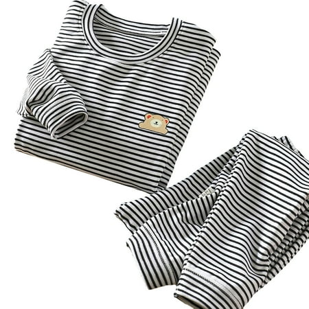 

CONYUMN Toddler Girls Boys Pajamas Set Children s Velvet Set Warm Heating Striped Printed Pyjamas Set Kids Base Thickened Home Long Sleeve Top Pants Outfits (White 150)