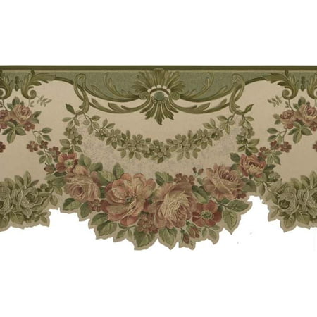 - 877702 Green Satin Rose Swag Green Wallpaper Border 978b06955