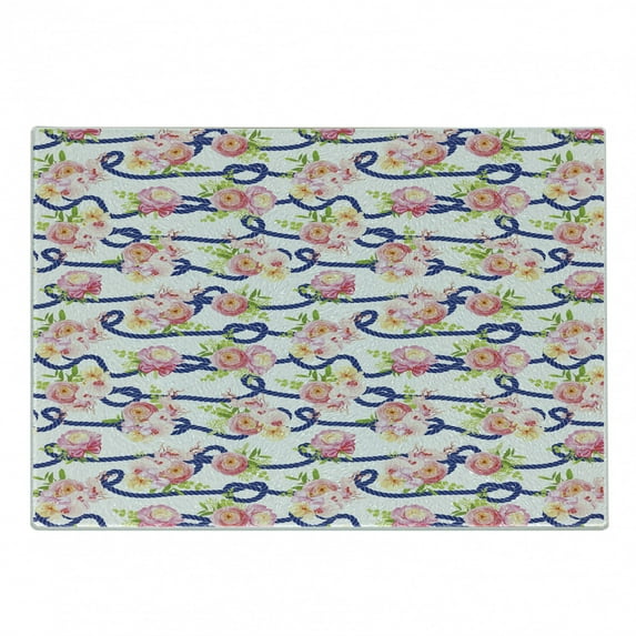 Navy and Blush Cutting Board, Twisted Blue Marine Rope and Bouquets of Spring Roses and Orchid, Decorative Tempered Glass Cutting and Serving Board, Small Size, Navy Blue Pink Green, by Ambesonne