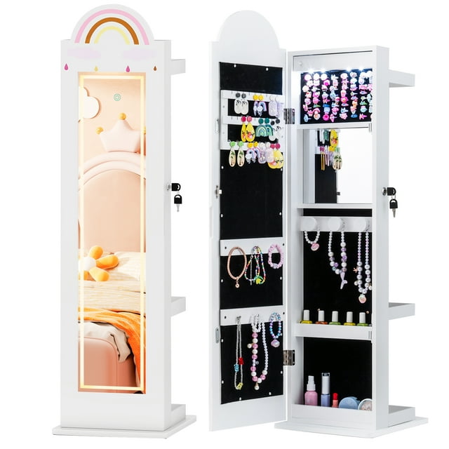 Gymax 3 In 1 Kids Jewelry Cabinet w/3-Color Lighted Full Length Mirror Clothes Rack White