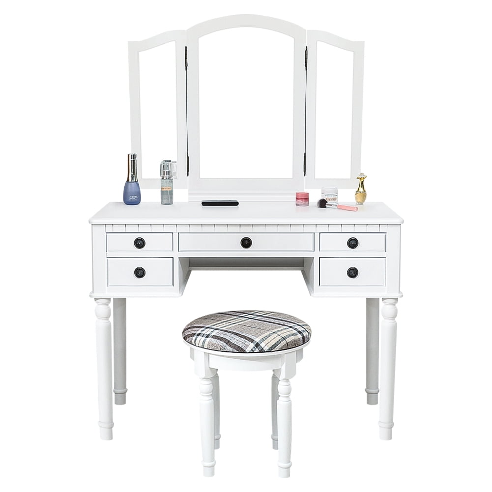 Kepooman Dresser Vanity Table Set, 3-Fold Mirror Drawers Roman Column for Home BedRoom Kepooman Dresser Vanity Table Set, 3-Fold Mirror Drawers Roman Column for Home BedRoom