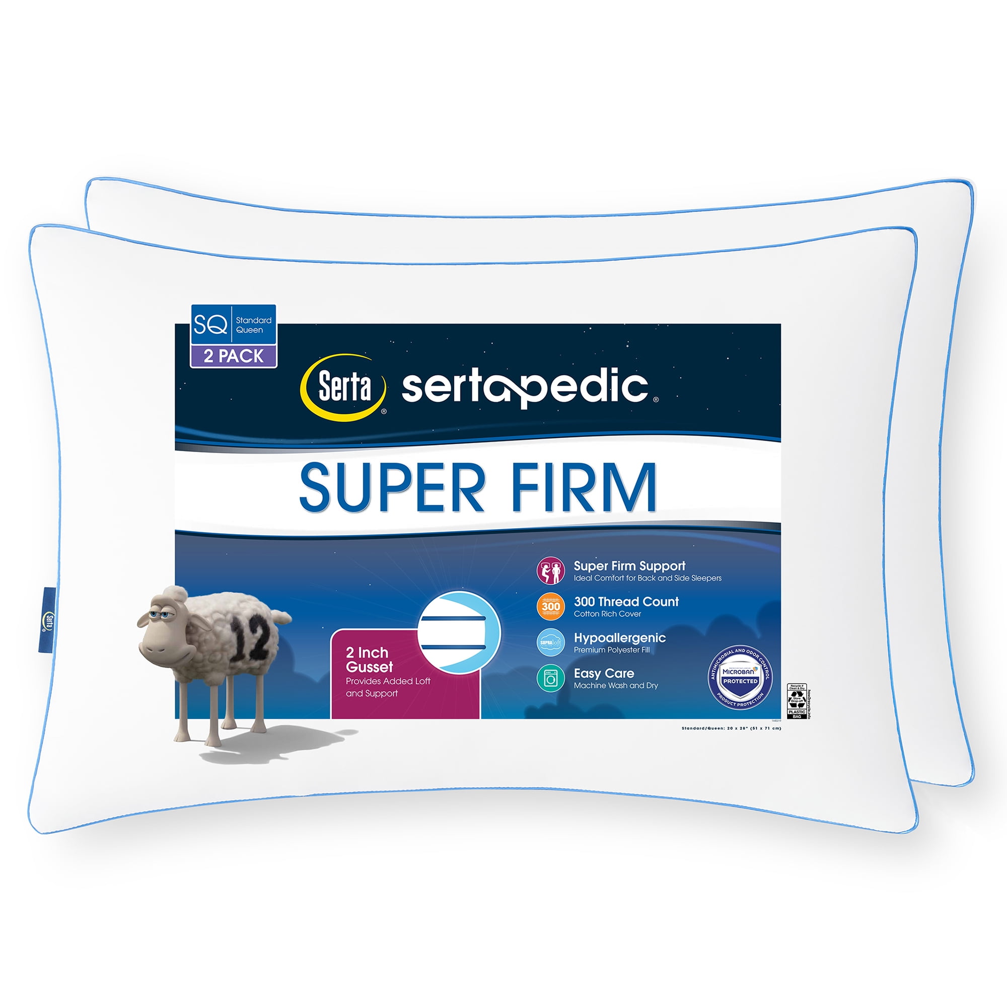 Sertapedic Super Firm Pillow, Standard/Queen, 2 Pack