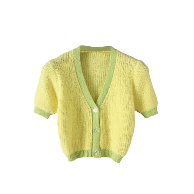 ZAXARRA Women Color Block Crop Top, Short Sleeve V-Neck Button Down Cardigan