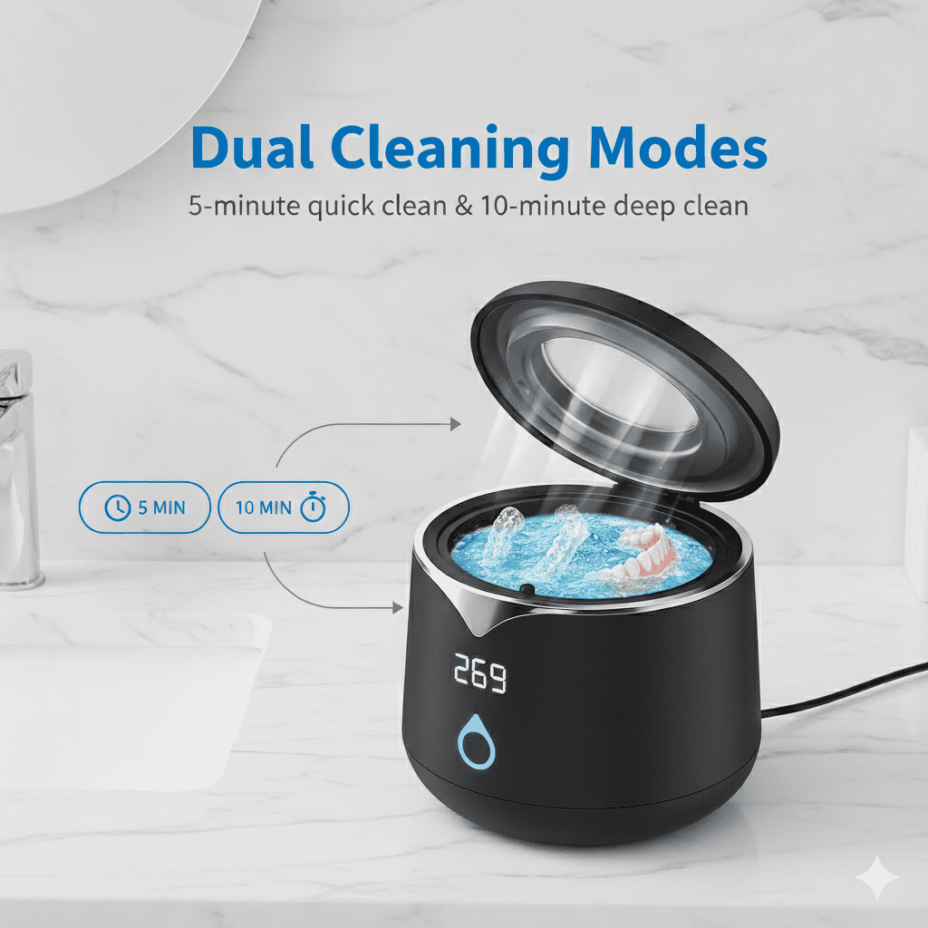 Professional 45kHz Ultrasonic Retainer Cleaner with UV Sanitizer - Portable Cleaning Machine for Aligners, Dentures, Mouth Guards, and Jewelry - 200ml, Dual Cleaning Modes, Black