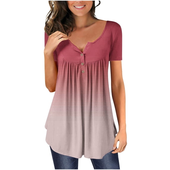asdoklhq 2023 Womens Plus Size Clearance Women Fashion V- Neck Gradient Printed Tunic Tops Buttons Short Sleeve T-Shirt Pink M