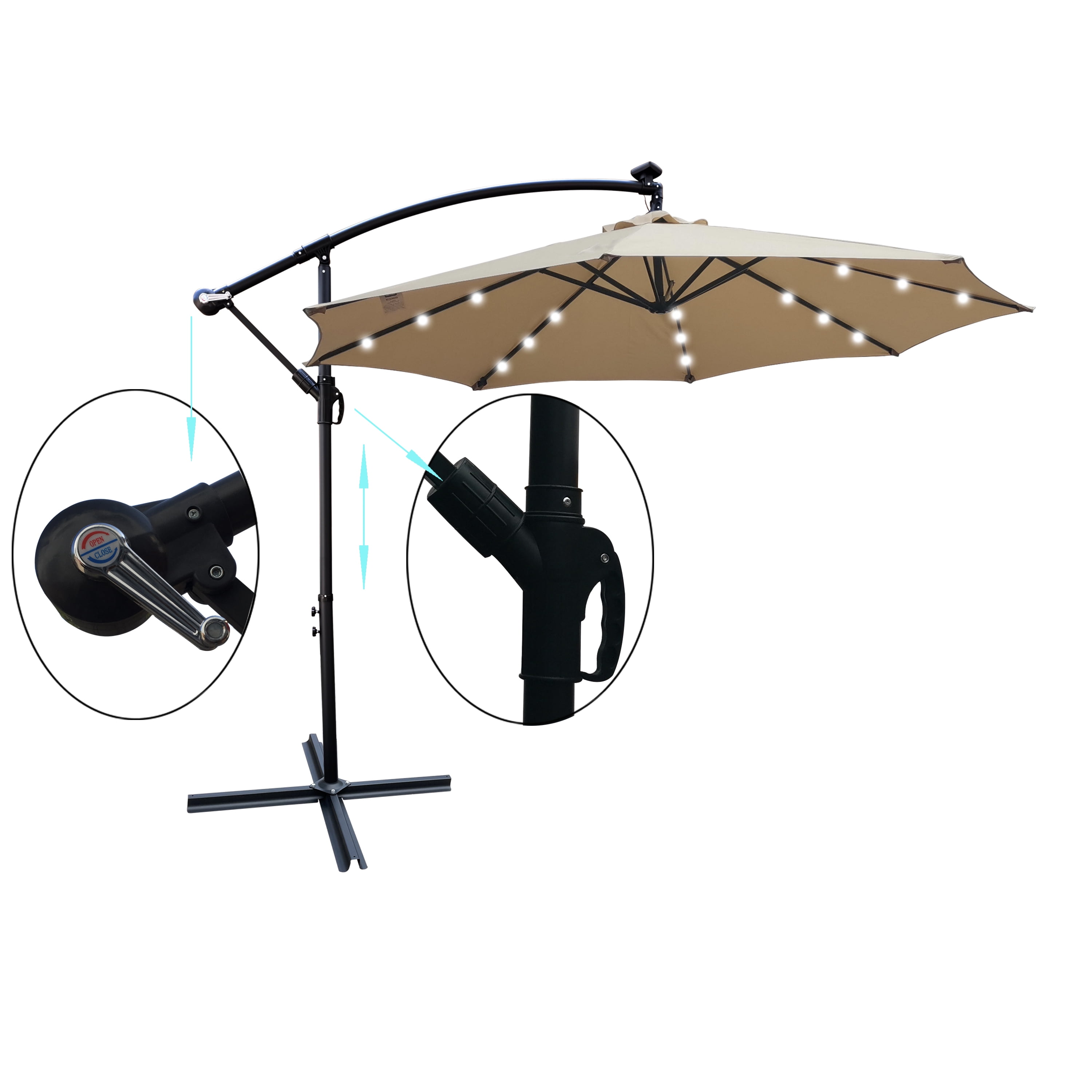 Jopath 10ft Patio Umbrella Solar Powered LED Lighted with Crank and Cross Base,Waterproof Market Umbrella for Garden Deck Backyard Pool Shade,Tan