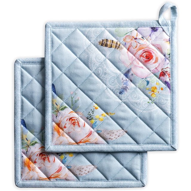 Ibiza 100% Cotton Set of 2 Pot Holders with Loop Heat Resistant for BBQ | Cooking | Baking | Grilling | Microwave | Barbecue | Spring/Summer (8 Inch by 8 Inch).