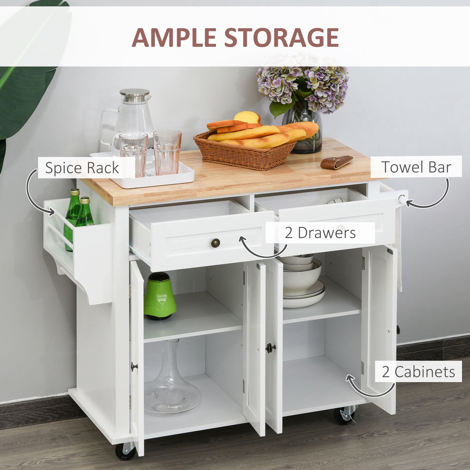 Kitchen Islands HOMCOM Kitchen Island on Wheels, Rolling Cart with Rubberwood Top, Spice Rack, Towel Rack and Drawers for Dining Room, White,Wooden Kitchen Islands