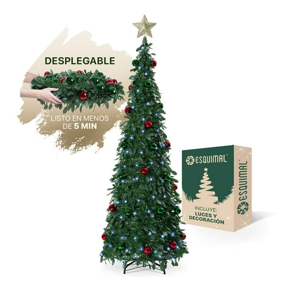 Árbol de Navidad Verde Tipo Lápiz Plegable 1.80 metros Esquimal + 150 Luces Led + Estrella + 35 Esferas Rojas y Verdes