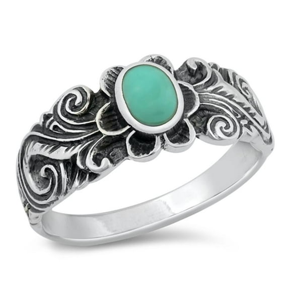 Bali Flower Simulated Turquoise Ring .925 Sterling Silver Band Blue CZ Jewelry Female Size 7
