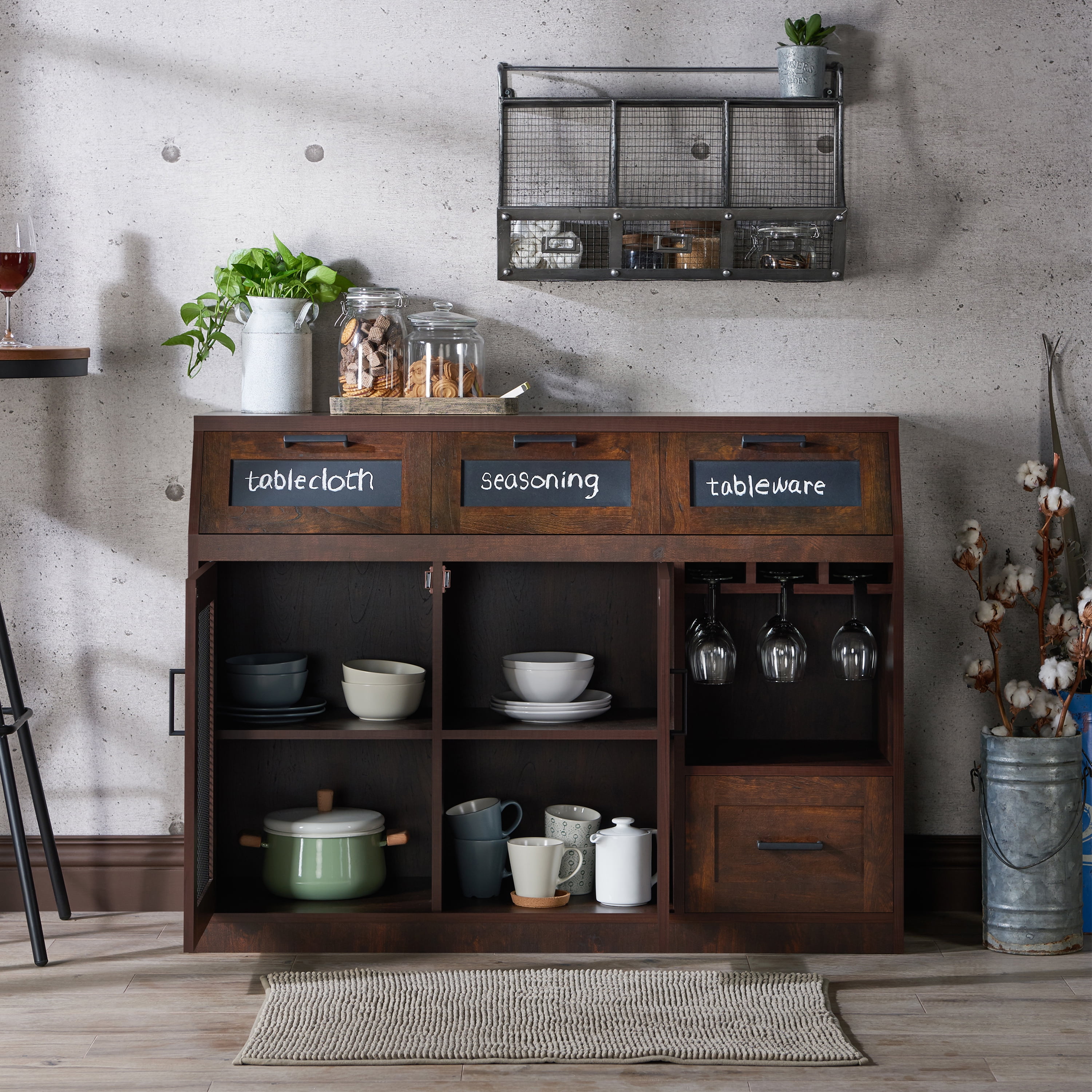 Furniture of America Michigan 47" Industrial Multi-Storage Sideboard Buffet, Vintage Walnut