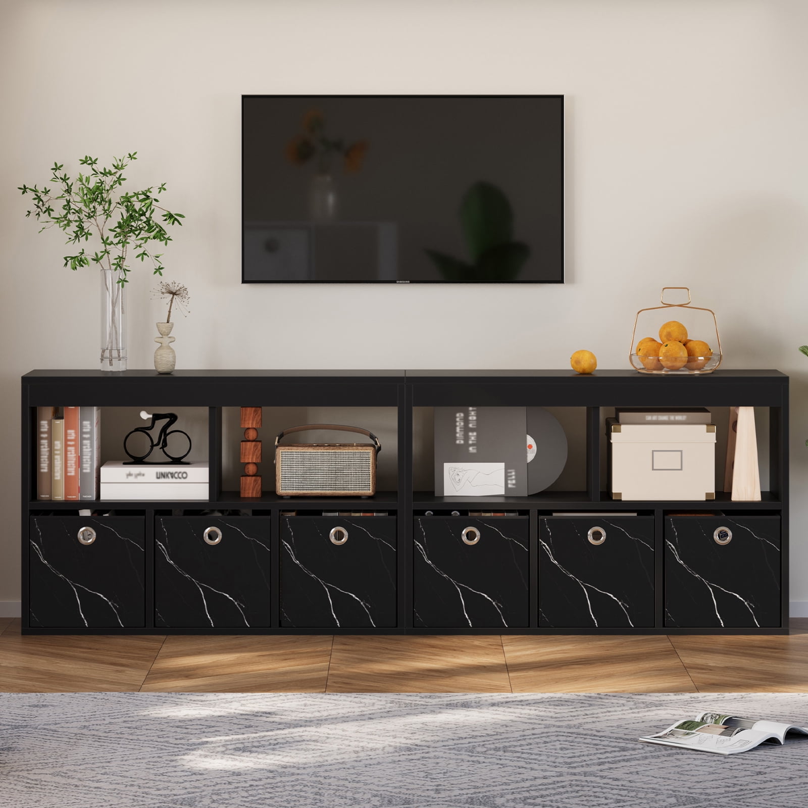 Pinmoco 5-Cube Kid's Bookshelf LED Toy Storage Organizer with Three Marbled Fabric Drawers for Playroom Storage, Black