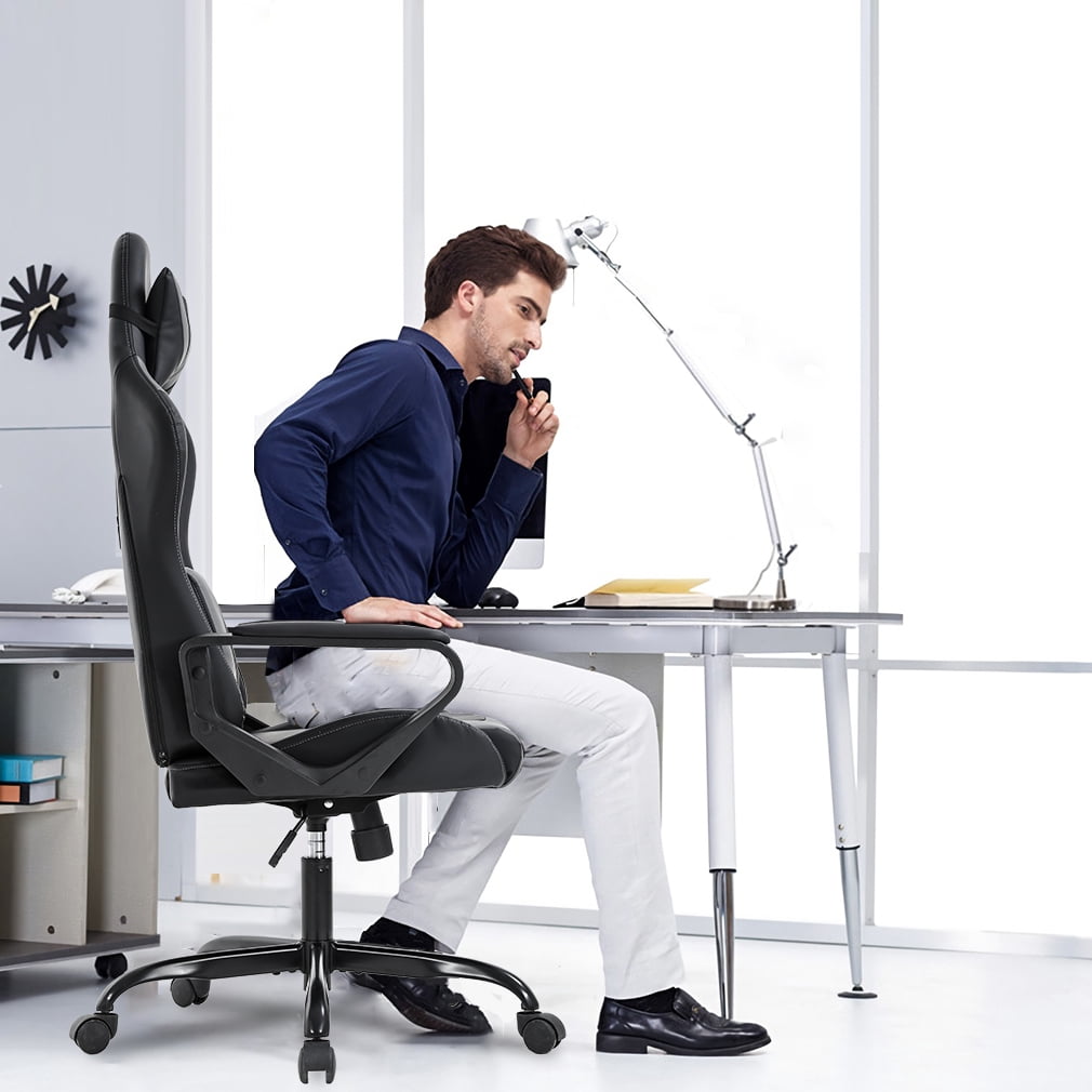 BestOffice Racing Style Gaming Chair with Adjustable Pillows and Reclining Backrest for Unisex Gamers(Grey)