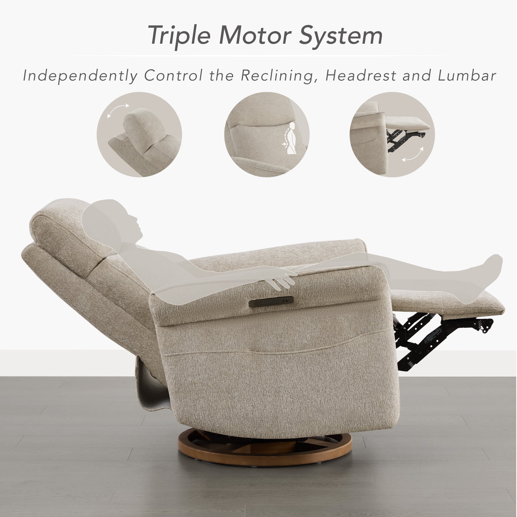 Spruce & Spring Triple Motor Power Swivel Recliner for Mothers, Taupe-Chenille