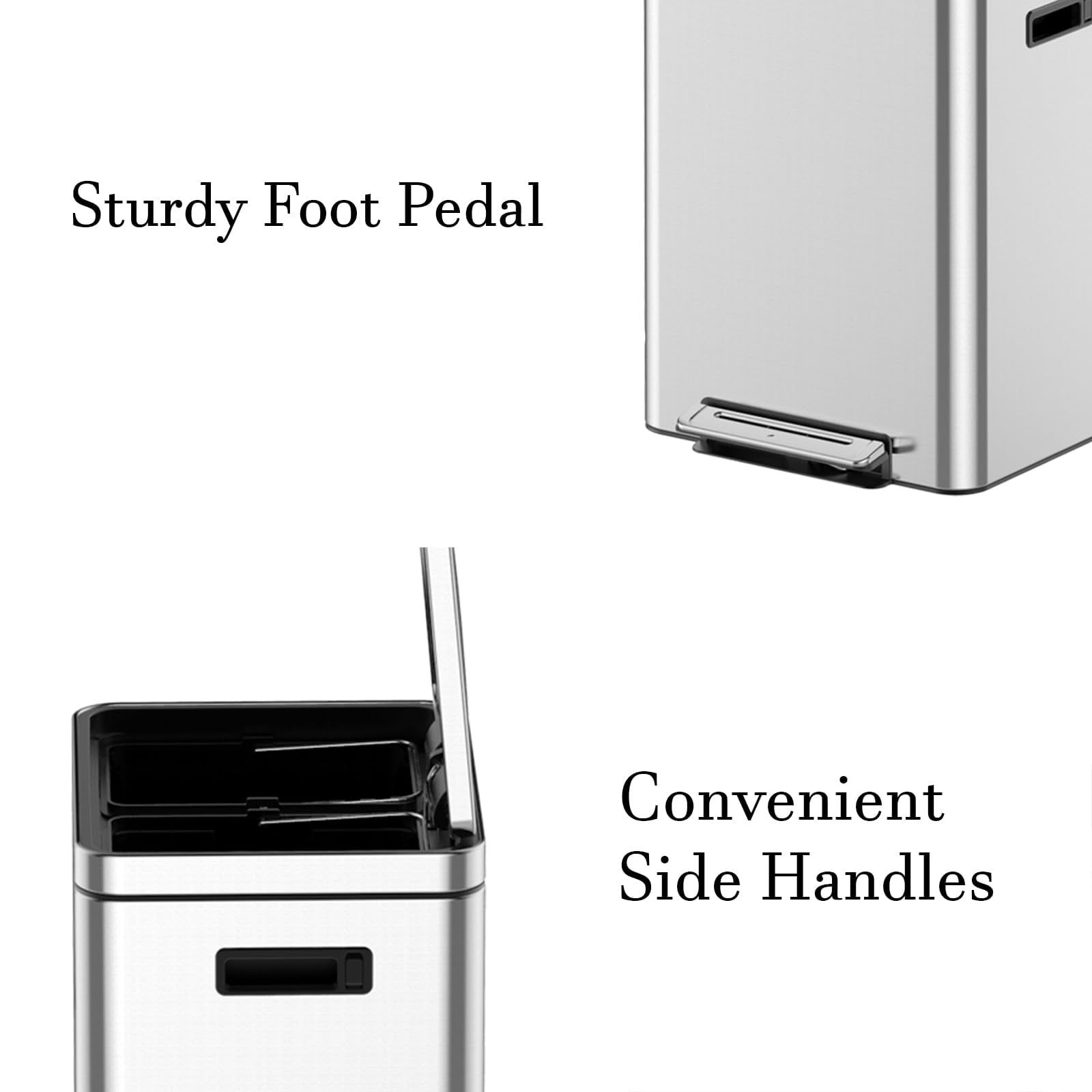 TROPOW Fashionwu 40L Trash Can, Rectangular Garbage Can with Soft-Close Foot Pedal, Double Compartment Classified Garbage Can, Stainless Steel Trash Can with Metal Lid & Removable Inner Bucket