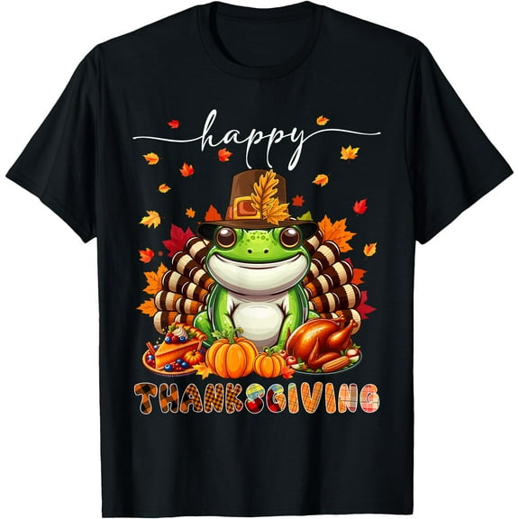 Happy Thanksgiving Frog Costume Turkey Fall Leaves Food T-Shirt