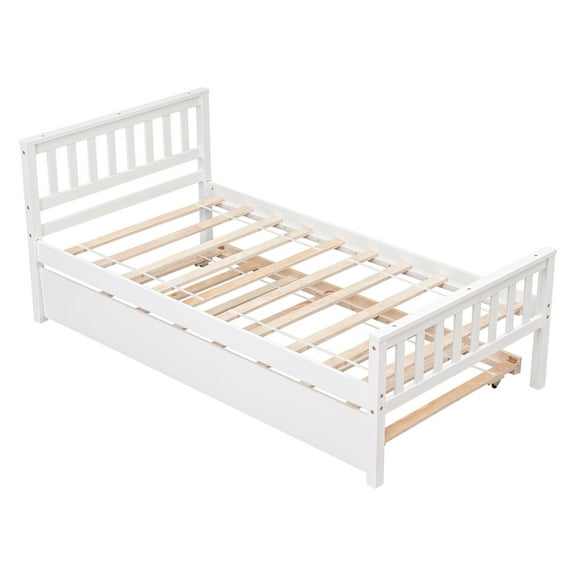 Huloretions Twin Bed with Trundle Bed, Wood Slats Support Platform Bed Frame with Headboard and Footboard, No Box Spring Needed