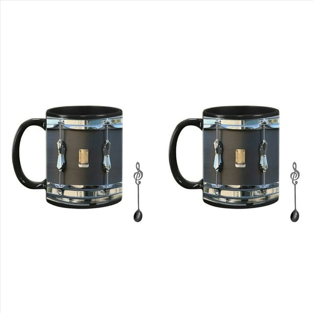 2X de Cerámica Vintage Negra de 11 Oz para Té, Café, Jugo, Agua, para el Hogar y la Oficina, Regalo de Tambores para Hombres