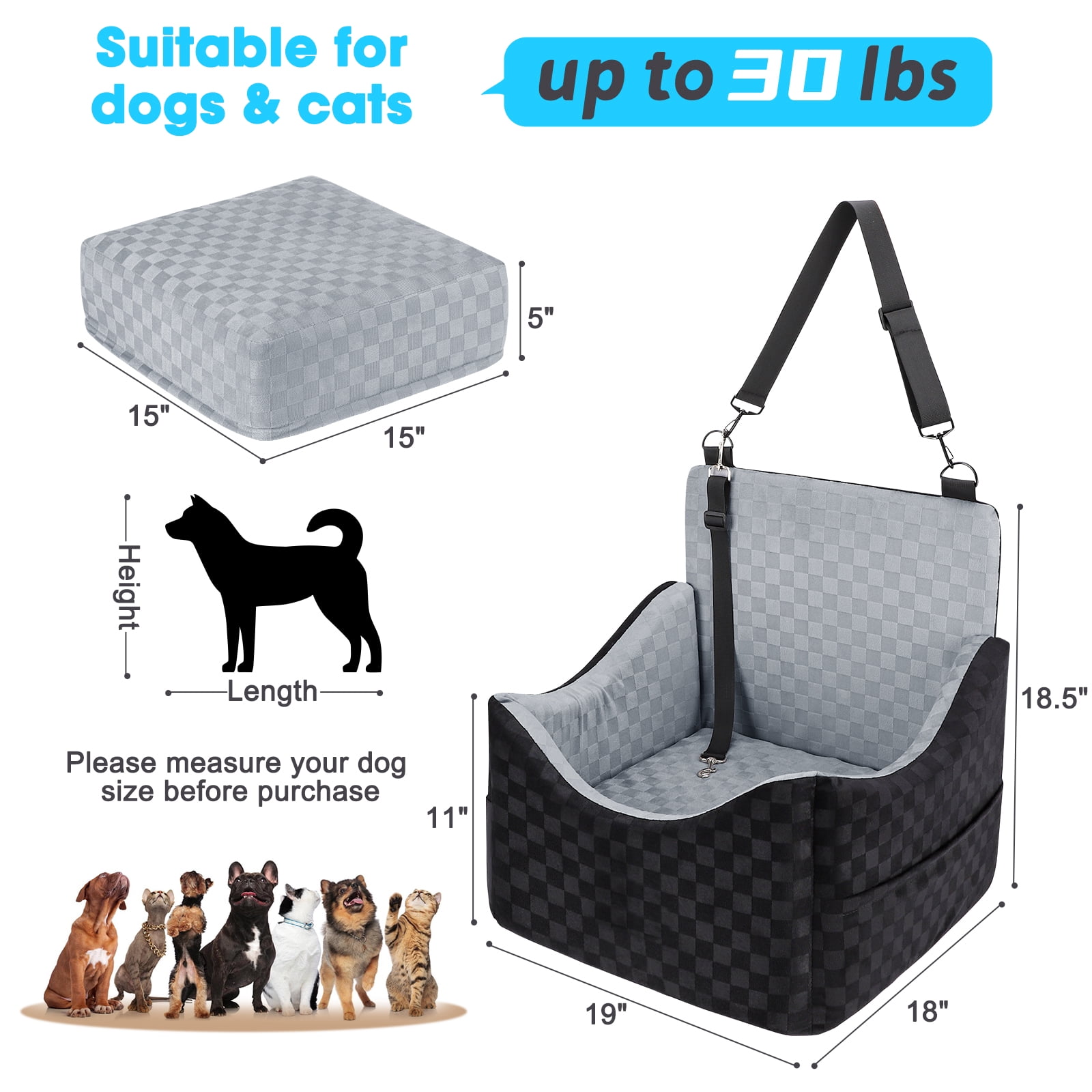 Dog Booster Car Seat for Small Medium Dogs, Washable Dog Car Seats with Detachable Cover, Egg Crate Foam Puppy Car Seat, Portable Pet Car Seat, Safety Belts, Storage Pockets, up to 30 lbs, Medium