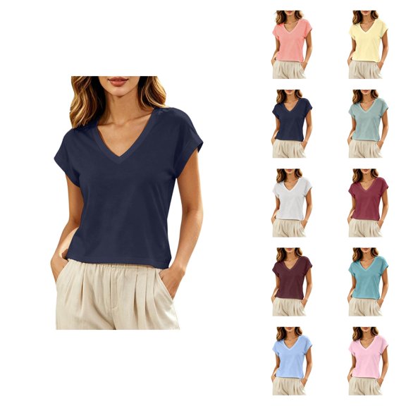 T Shirts for Women Summer Cap Short Sleeve V Neck Relaxed Fit Plain Tshirts Casual Basic Tee Shirt