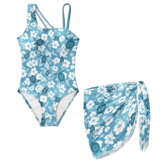 Uourmeti Tropical Blue Hibiscus Flower Turtles Swimwear Teens Girls One Piece Swimsuit Age 7-18 Kids Swimwear Set with Short Sarong Girl Beach Skirt