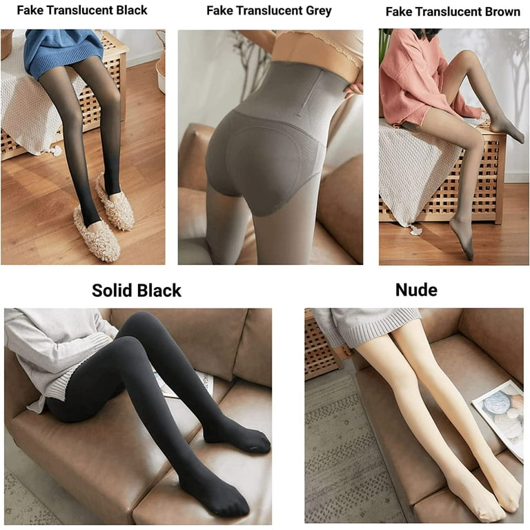 Kukuzhu Women Fleece Lined Tights with Control Top, Slim Sheer Fake  Translucent Pantyhose High Waist Thermal Leggings Fall Winter