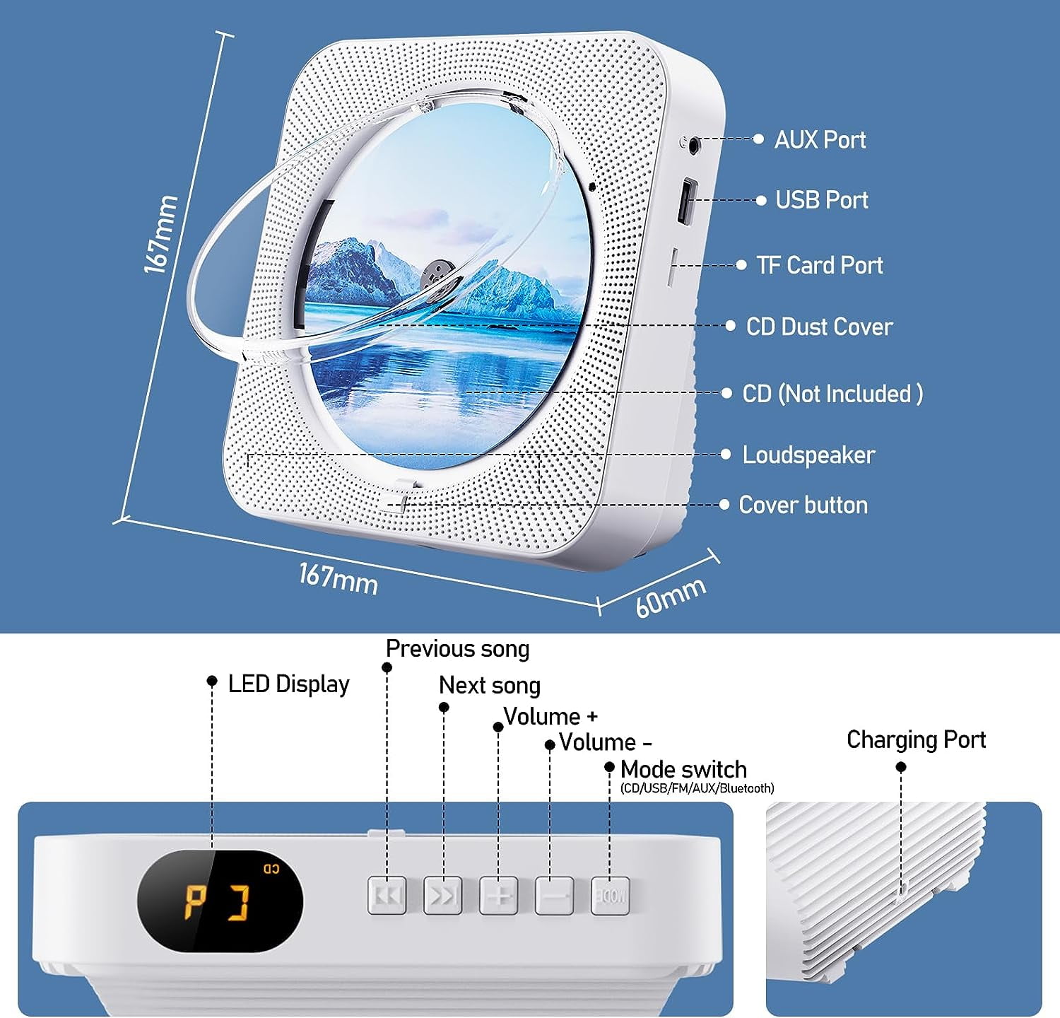CD Player with Speakers Bluetooth Desktop CD Players for Home Radio CD Player with Remote Control HiFi Speakers Dust Cover LED Screen Timer Supports AUX USB TF Card Playback for Gift