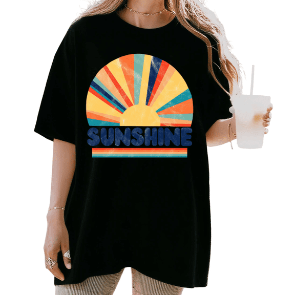 UNISHE Women's Retro "Sunshine" Rainbow Sunburst Graphic Short Sleeve T-Shirt Casual Cotton Crewneck Top