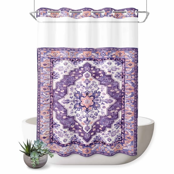 No Hook Shower Curtain with Built-in Rings - Retro Boho Washable Waterproof Fabric Bathroom Curtains for Hotel,Rentals, Stall 48 X 72 Inch , Aztec Southwest Tribal Floral Dark Lavender Purple