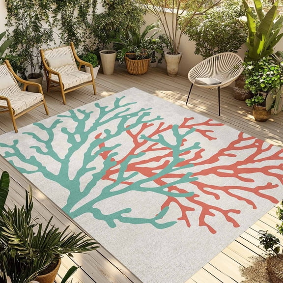 Fsddascl Teal Red Coral Outdoor Rug for Patio/Deck, Non-Slip Large Area Rug 6 x 9 Ft, Summer Ocean Nautical Coastal Rustic Burlap Indoor Outdoor Rugs Washable Area Rugs, Camping Rug Carpet