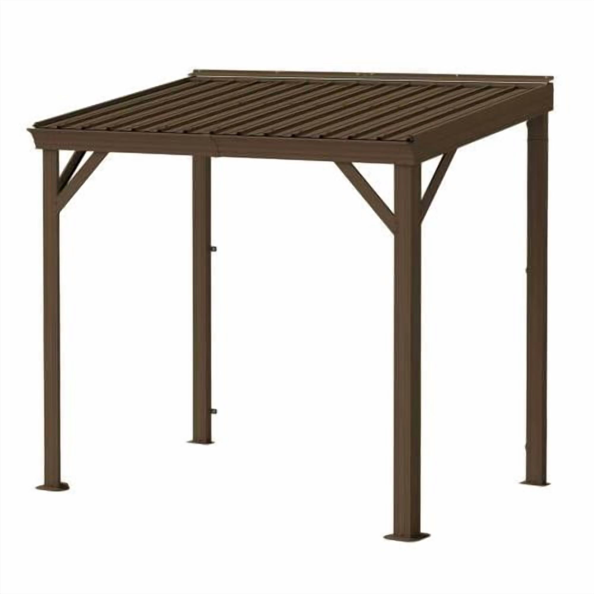 8x5 FT Brown Hardtop Lean-to Wall Mounted Gazebo with Galvanized Steel Roof & Drainage System, Heavy Duty Outdoor Shelter for Deck, Porch, Backyard