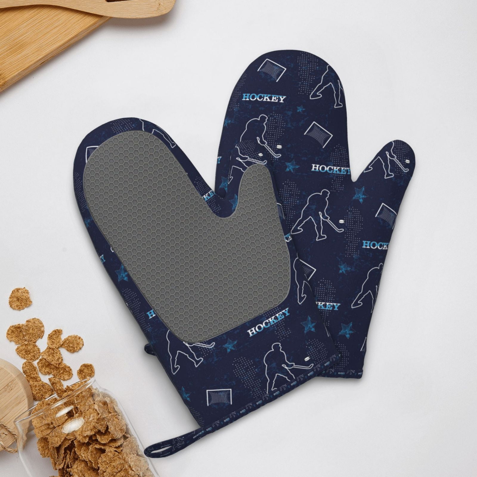 Hirioo Hockey Players for Silicone Oven Mitts for BBQ, Baking, Cooking, Set of 2, Heat Resistant 260℃, Non-Slip Kitchen Essentials