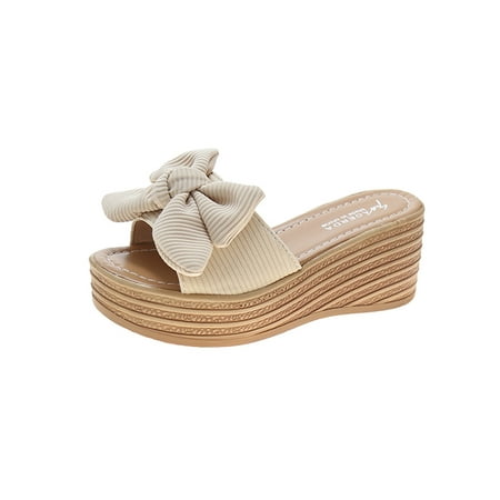 

BELLZELY Womens Shoes Sandals Clearance Women Bowknot Beach Summer Slippers Platform Slope Heels Plus Size Shoes