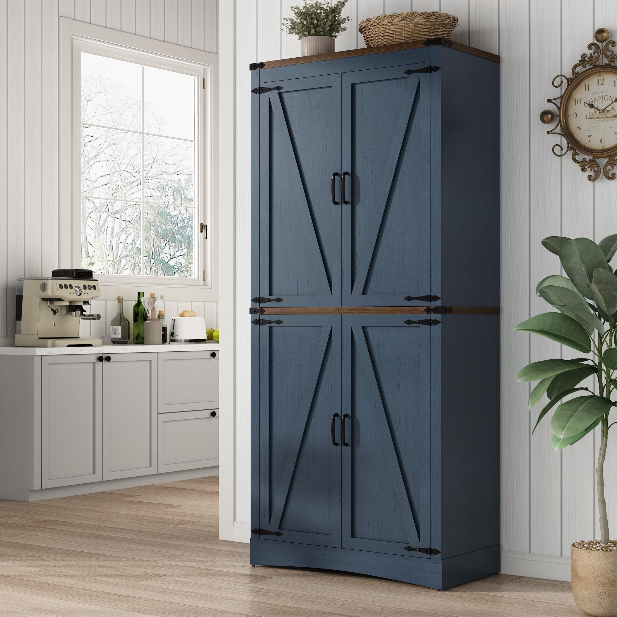 ChVans 71" Tall Farmhouse Kitchen Pantry with Adjustable Shelves, 5 Layers Pantry Storage Cabinet with Load-Bearing Steel Pipe & 4 Barn Doors for Kitchen, Dining Room, Living Room, (Blue-71")