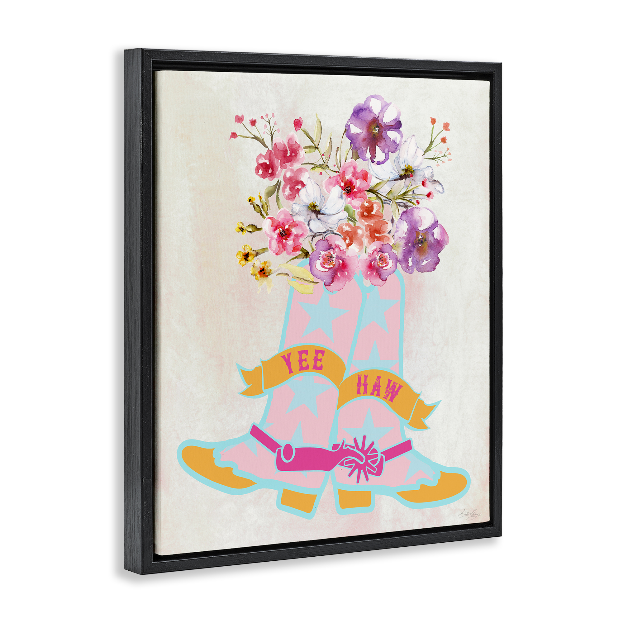 Stupell Industries Yee Haw Floral Cowgirl Plants & Flowers Painting Black Floater Framed Canvas Art Print Wall Art, 25 x 31