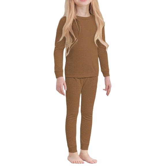 GiLiling Kids Thermal Base Layer Set - Solid Color Long Sleeve Shirt and Leggings, 2 Piece Lightweight Outfit (Coffee, 5-6 Years)