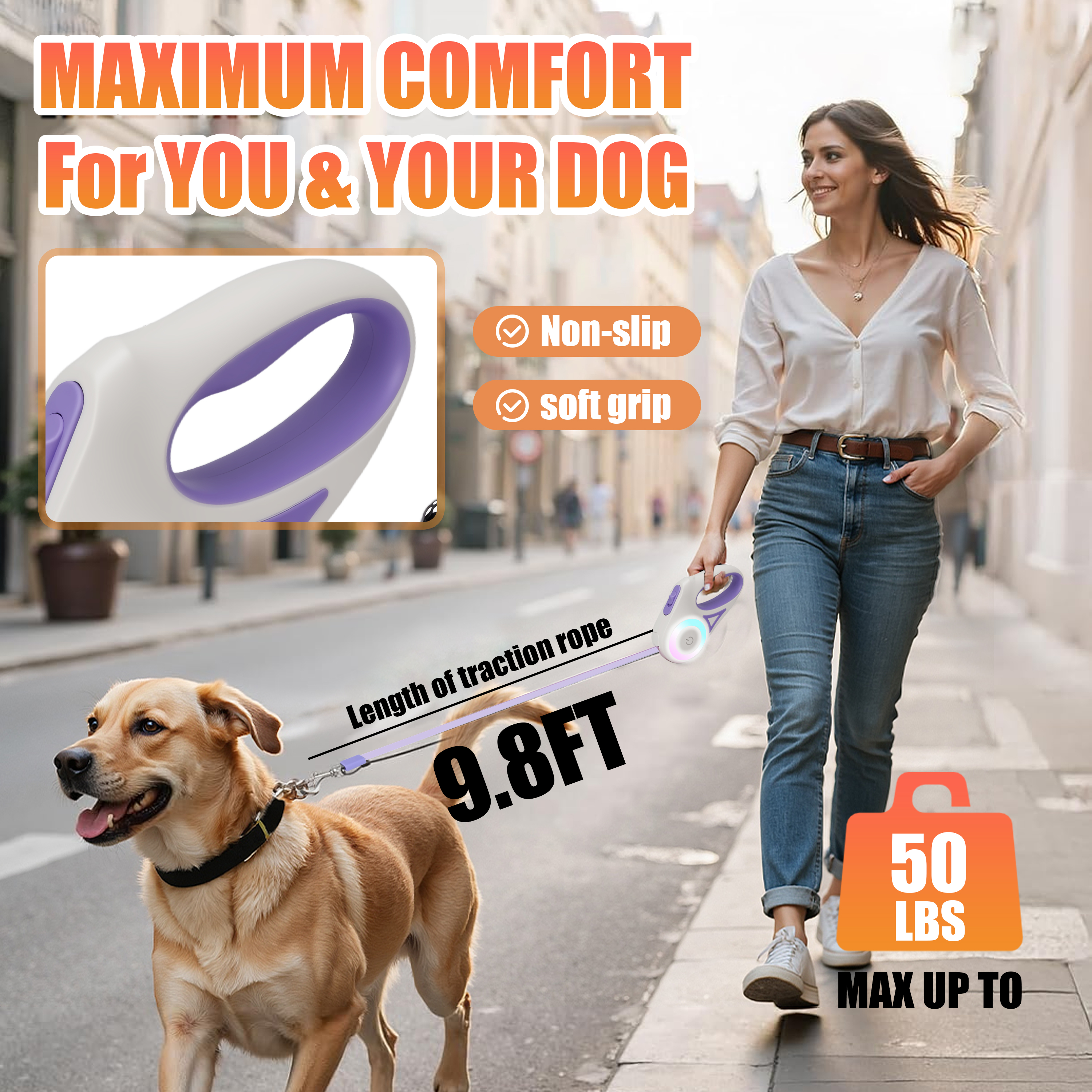 9.8FT Retractable Dog Leash with LED Light, U-Shape Tangle-Free Design & RGB Side Lights, for Small/Medium Dogs Up to 50 lbs (Batteries Not Included)